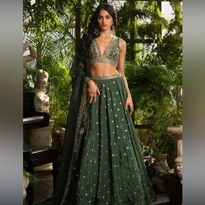 LASHKARAA Dark Green Embroidered Crepe Silk Lehenga